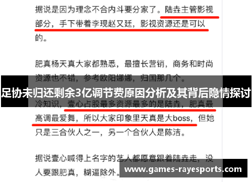 足协未归还剩余3亿调节费原因分析及其背后隐情探讨 足协未归还剩余3亿调节费原因分析及其背后隐情探讨