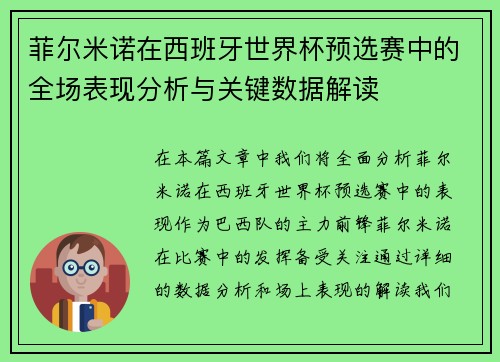 菲尔米诺在西班牙世界杯预选赛中的全场表现分析与关键数据解读